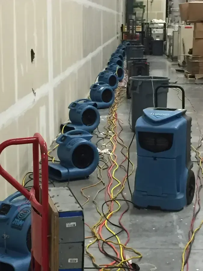 Air movers and dehumidifiers lined up along flood-cut walls in a long room
