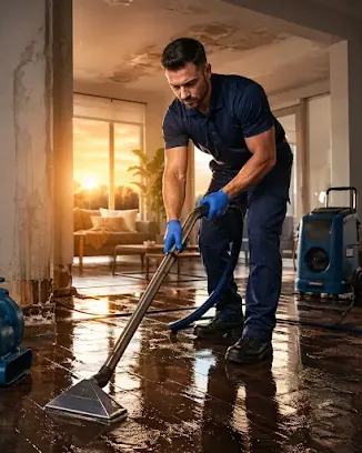 A restoration technician extracting standing water inside a home